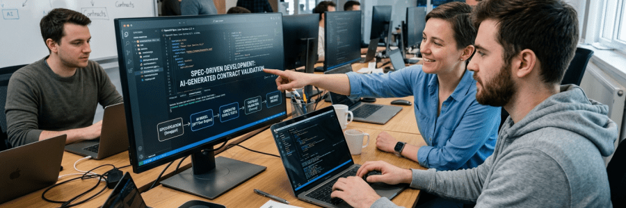 Three colleagues working together on AI-based contract validation with code on screens