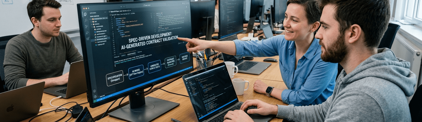 Three colleagues working together on AI-based contract validation with code on screens
