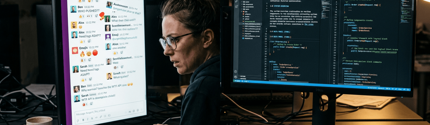 Developer working at computer with chat window about API down and coding screens