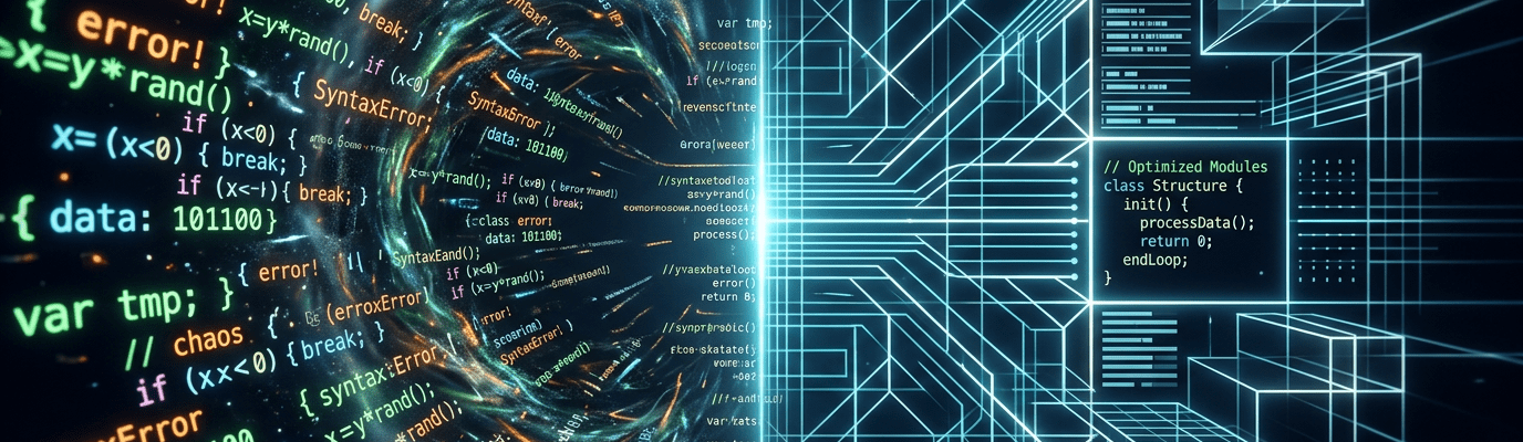 Colorful coding errors text on left merge into optimized module code and structured grid on right